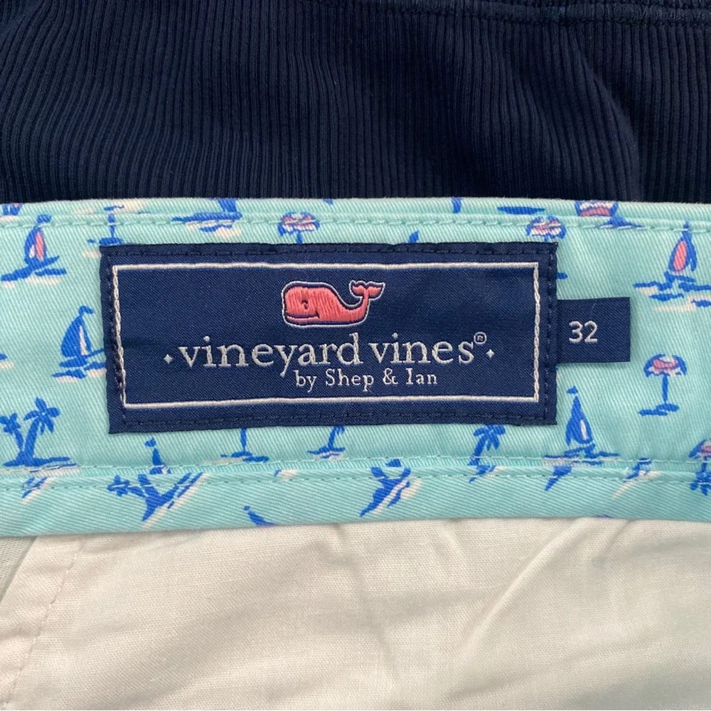 Vineyard Vines Mens Breaker Shorts Sea Splash Blue Palm Tree Boat Size 32 9”